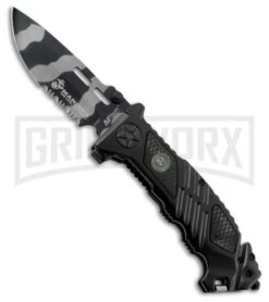 USMC Armed Rescue Black Aluminum Spring Assisted Knife - Urban Camo Serr