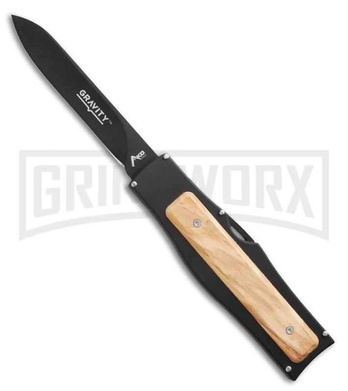 AKC Gravit-E Black/Wood Manual OTF Knife - Black Plain 1 AKC Gravit-E Black/Wood Manual OTF Knife - Black Plain