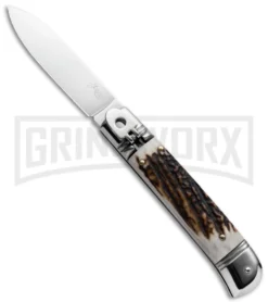 AKC 8" Italian Stiletto Lever Lock Stag Horn Automatic Knife - Flat Grind