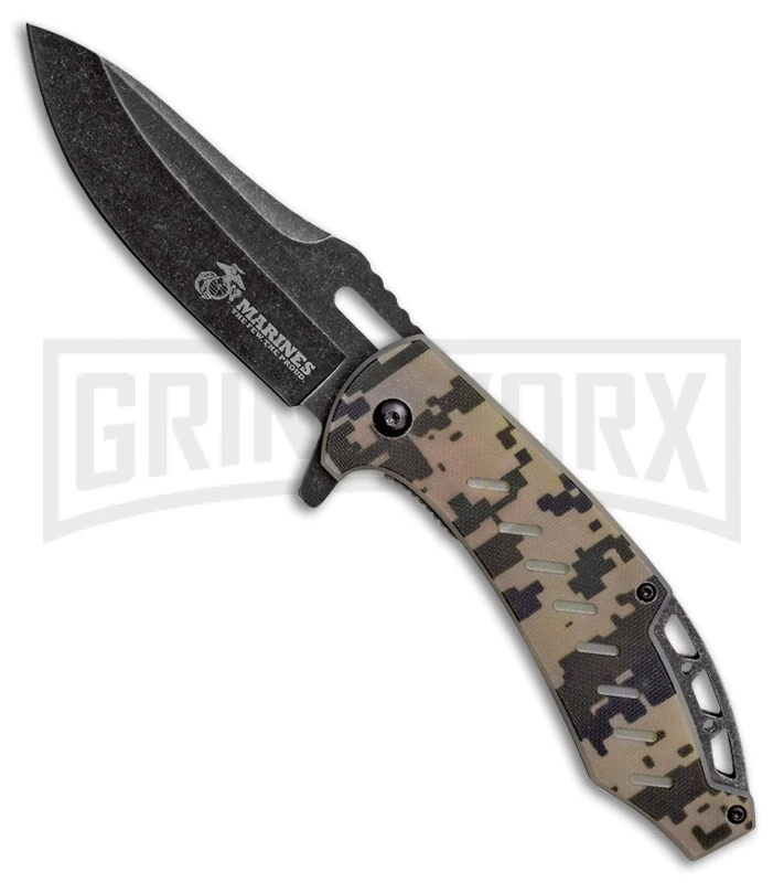 US Marines Camo Spring Assisted Knife - Black Stonewash Plain 1 US Marines Camo Spring Assisted Knife - Black Stonewash Plain